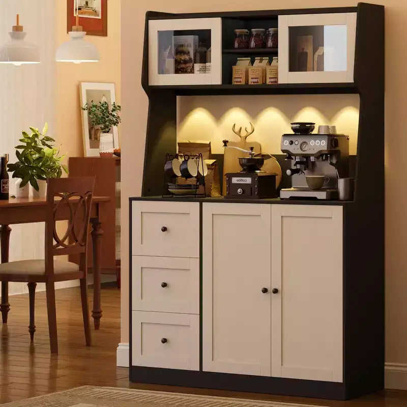 CuisinSmart Mobile Dispensa-Credenza da Cucina Alta 170 cm, Armadio per Bar e Caffè con 3 Cassetti e Luci, Dispensa Autoportante