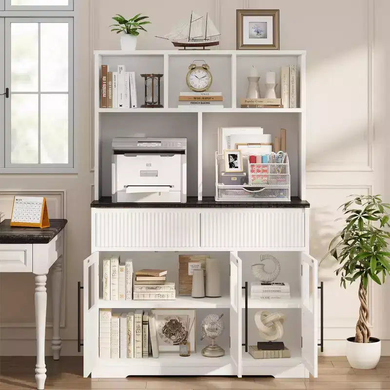 Credenza da 60'', Buffet da cucina moderno in stile rustico con cassetti, ante in vetro e ripiano aperto, Mobile bar caffè