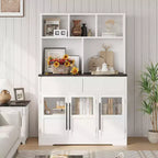 Credenza da 60'', Buffet da cucina moderno in stile rustico con cassetti, ante in vetro e ripiano aperto, Mobile bar caffè
