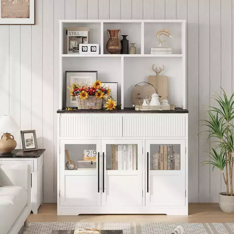 Credenza da 60'', Buffet da cucina moderno in stile rustico con cassetti, ante in vetro e ripiano aperto, Mobile bar caffè
