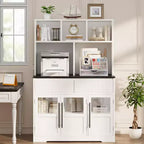 Credenza da 60'', Buffet da cucina moderno in stile rustico con cassetti, ante in vetro e ripiano aperto, Mobile bar caffè