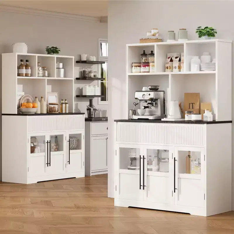 Credenza da 60'', Buffet da cucina moderno in stile rustico con cassetti, ante in vetro e ripiano aperto, Mobile bar caffè