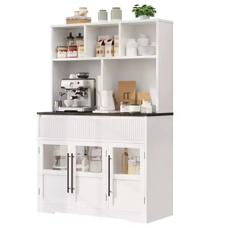 Credenza da 60'', Buffet da cucina moderno in stile rustico con cassetti, ante in vetro e ripiano aperto, Mobile bar caffè