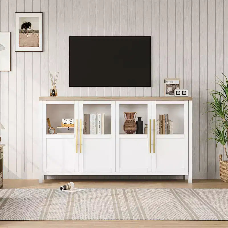 Credenza grande da 55'', Mobile dispensa da cucina con ante in vetro, Mobile bar da fattoria in legno, Tavolo buffet con contenitore per sala da pranzo