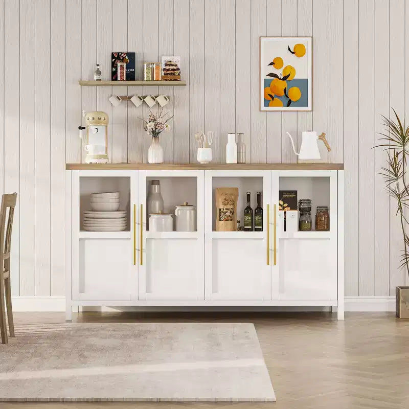 Credenza grande da 55'', Mobile dispensa da cucina con ante in vetro, Mobile bar da fattoria in legno, Tavolo buffet con contenitore per sala da pranzo