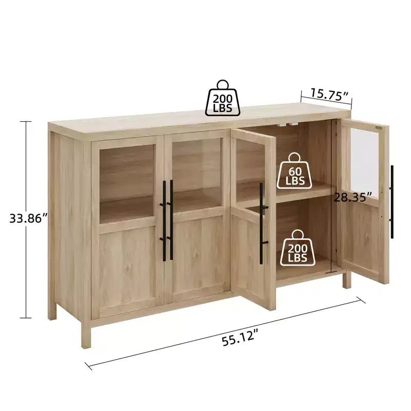 Credenza grande da 55'', Mobile dispensa da cucina con ante in vetro, Mobile bar da fattoria in legno, Tavolo buffet con contenitore per sala da pranzo