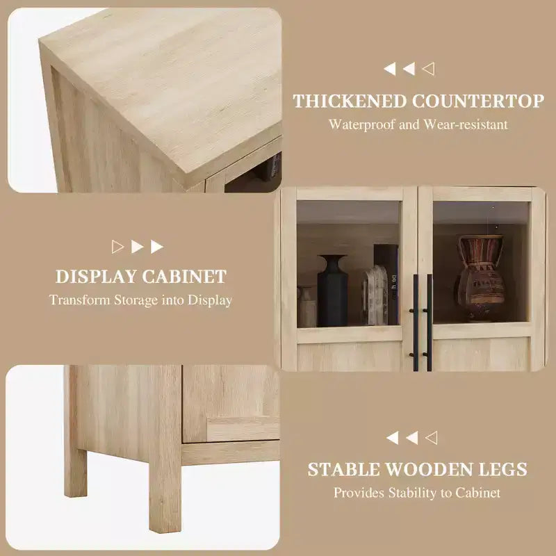 Credenza grande da 55'', Mobile dispensa da cucina con ante in vetro, Mobile bar da fattoria in legno, Tavolo buffet con contenitore per sala da pranzo