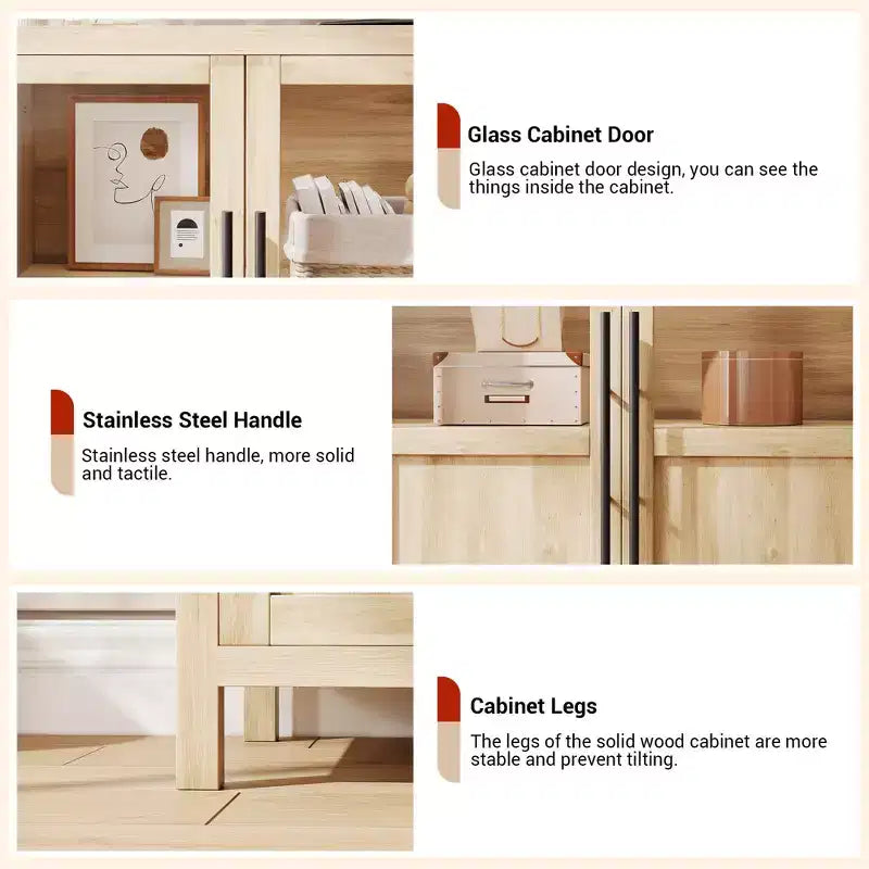 Credenza grande da 55'', Mobile dispensa da cucina con ante in vetro, Mobile bar da fattoria in legno, Tavolo buffet con contenitore per sala da pranzo