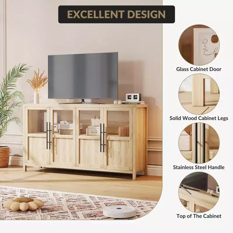 Credenza grande da 55'', Mobile dispensa da cucina con ante in vetro, Mobile bar da fattoria in legno, Tavolo buffet con contenitore per sala da pranzo