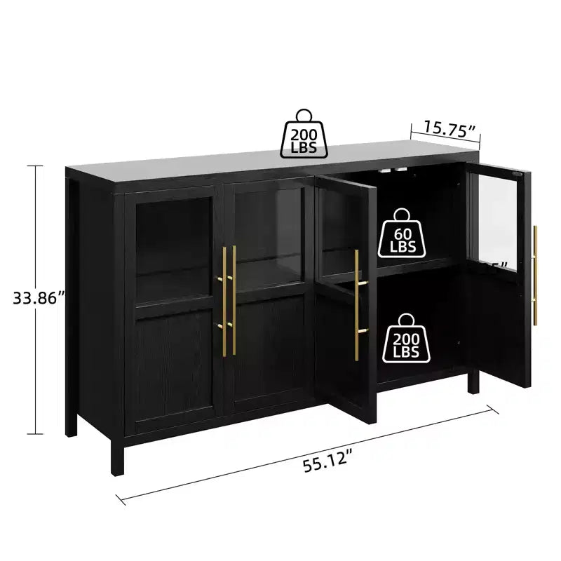 Credenza grande da 55'', Mobile dispensa da cucina con ante in vetro, Mobile bar da fattoria in legno, Tavolo buffet con contenitore per sala da pranzo