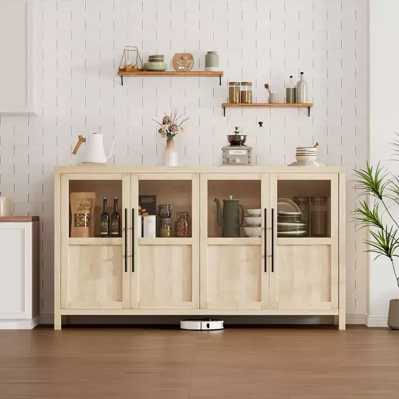 Credenza grande da 55'', Mobile dispensa da cucina con ante in vetro, Mobile bar da fattoria in legno, Tavolo buffet con contenitore per sala da pranzo