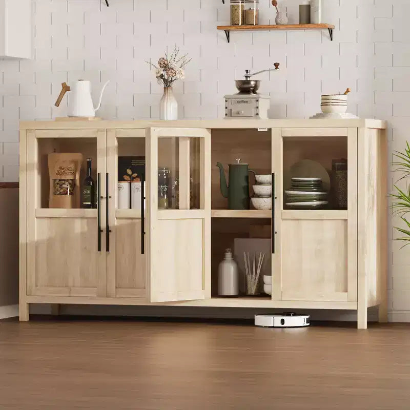 Credenza grande da 55'', Mobile dispensa da cucina con ante in vetro, Mobile bar da fattoria in legno, Tavolo buffet con contenitore per sala da pranzo