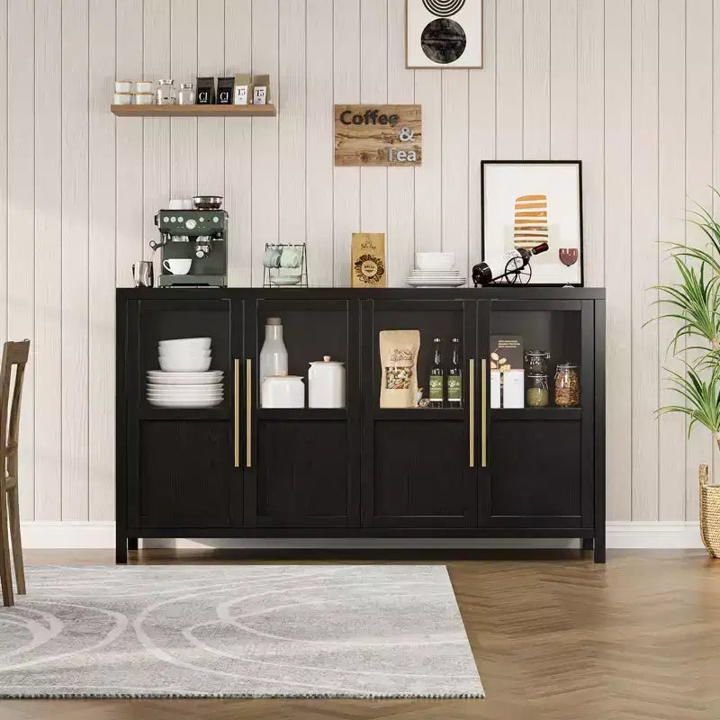 Credenza grande da 55'', Mobile dispensa da cucina con ante in vetro, Mobile bar da fattoria in legno, Tavolo buffet con contenitore per sala da pranzo