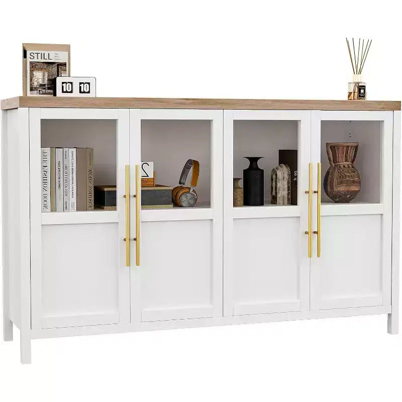 Credenza grande da 55'', Mobile dispensa da cucina con ante in vetro, Mobile bar da fattoria in legno, Tavolo buffet con contenitore per sala da pranzo