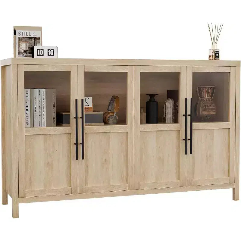 Credenza grande da 55'', Mobile dispensa da cucina con ante in vetro, Mobile bar da fattoria in legno, Tavolo buffet con contenitore per sala da pranzo