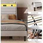 Struttura letto matrimoniale singolo moderna, comodo letto a piattaforma imbottito con doghe in legno, luci a LED e stazione di ricarica, non richiede rete a molle, facile da montare, beige