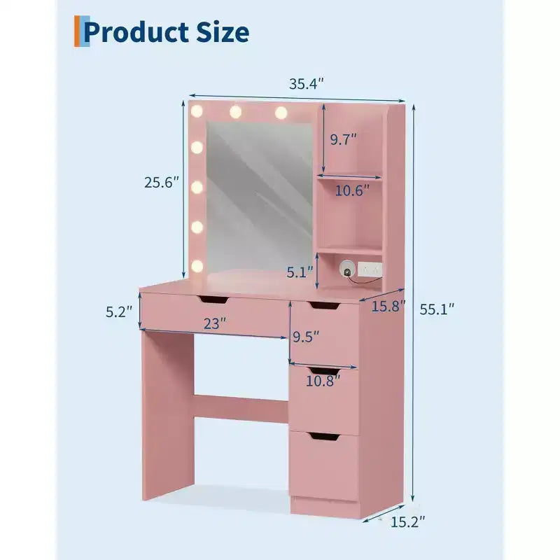 Comò Trucco con Specchio e Luci, Grande Toeletta da 35W con 4 Cassetti e Vani Aperti, Moderno Tavolo da Trucco per Camera da Letto