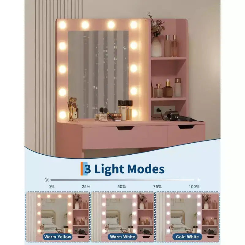 Comò Trucco con Specchio e Luci, Grande Toeletta da 35W con 4 Cassetti e Vani Aperti, Moderno Tavolo da Trucco per Camera da Letto