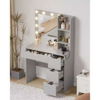 Comò Trucco con Specchio e Luci, Grande Toeletta da 35W con 4 Cassetti e Vani Aperti, Moderno Tavolo da Trucco per Camera da Letto