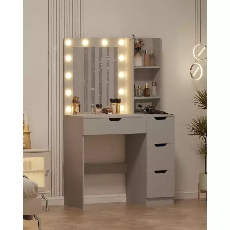Comò Trucco con Specchio e Luci, Grande Toeletta da 35W con 4 Cassetti e Vani Aperti, Moderno Tavolo da Trucco per Camera da Letto