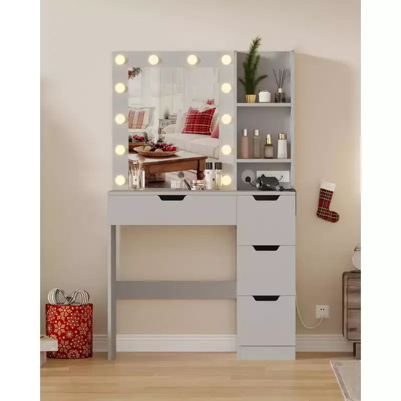 Makeup Vanity Desk with Mirror and Lights, 35W Large Dressing Table with 4 Drawers & Open Storage, Modern Makeup Vanity Table for Bedroom