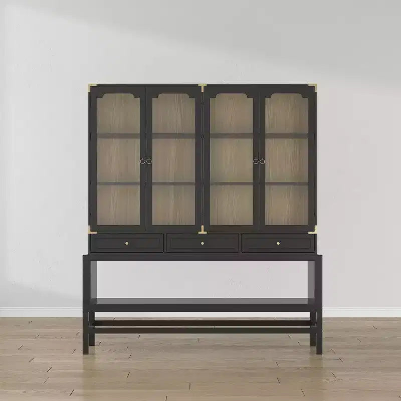 Credenza da cucina Famapy con ante in vetro, ripiani regolabili e dettagli dorati: perfetta per esporre stoviglie, vasellame e decorazioni per la cucina