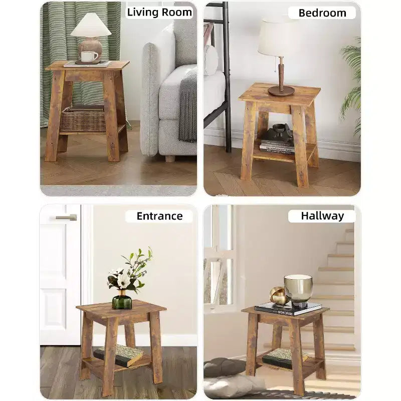Tavolino a 2 livelli con ripiano, tavolino laterale per soggiorno, camera da letto o ingresso, comodino in stile rustico con montaggio facile