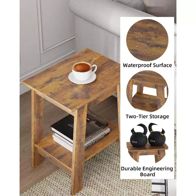 Tavolino a 2 livelli con ripiano, tavolino laterale per soggiorno, camera da letto o ingresso, comodino in stile rustico con montaggio facile