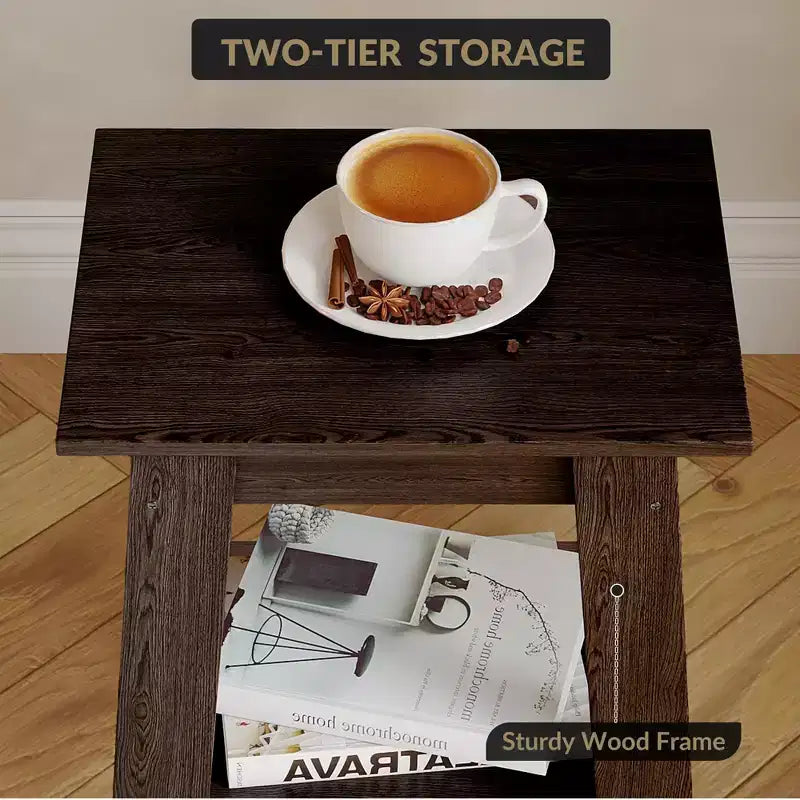Tavolino a 2 livelli con ripiano, tavolino laterale per soggiorno, camera da letto o ingresso, comodino in stile rustico con montaggio facile