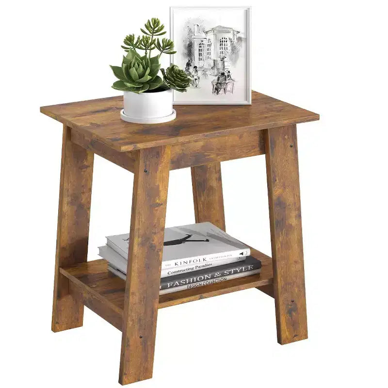 Tavolino a 2 livelli con ripiano, tavolino laterale per soggiorno, camera da letto o ingresso, comodino in stile rustico con montaggio facile