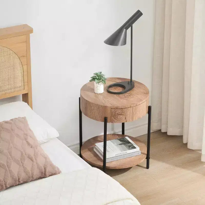 Tavolino da caffè rotondo vintage con cassetto, tavolo centrale portaoggetti in legno da 81 cm con design retrò rustico per soggiorno