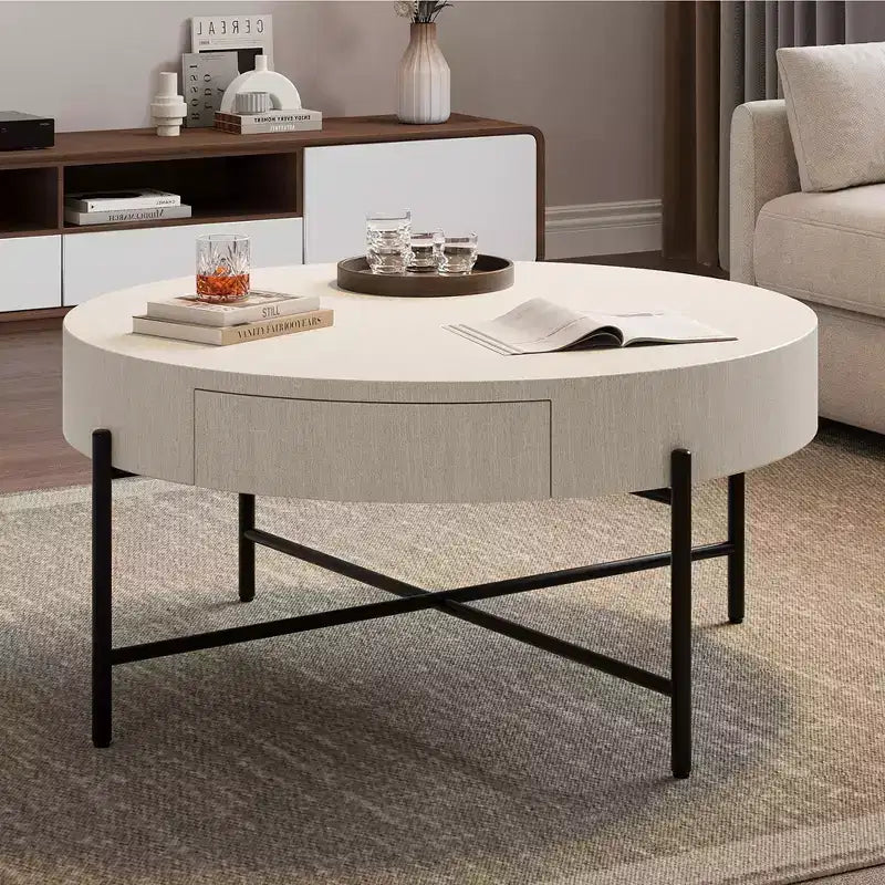 Tavolino da caffè rotondo vintage con cassetto, tavolo centrale portaoggetti in legno da 81 cm con design retrò rustico per soggiorno