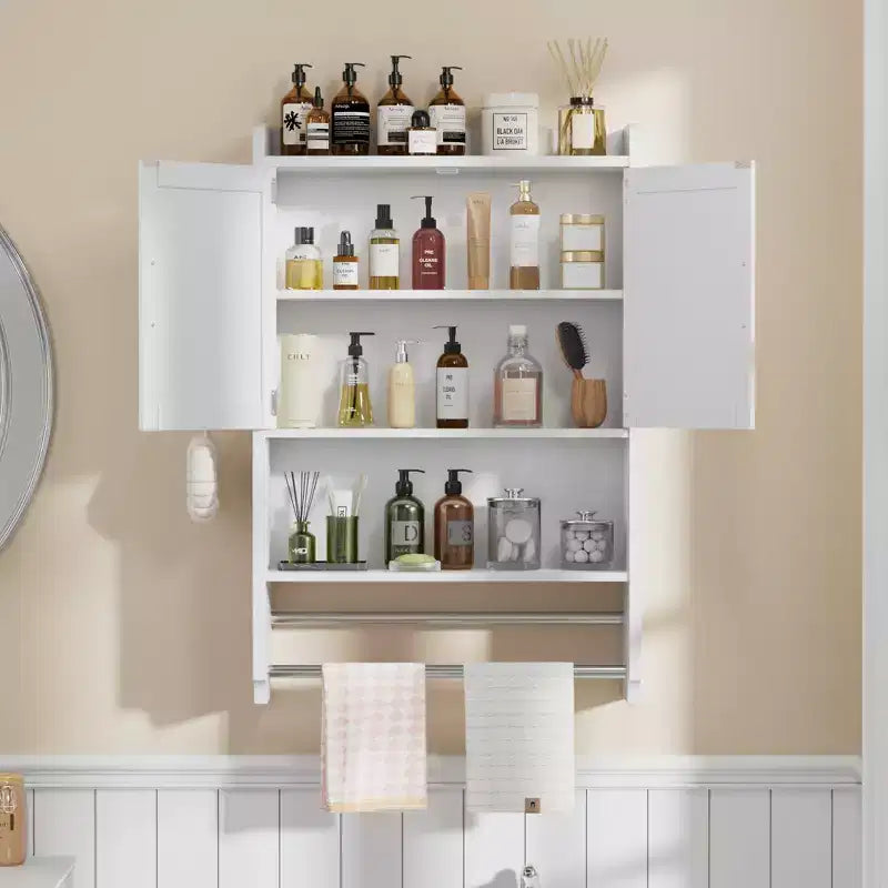VECELO Mobiletto da bagno, mobiletto pensile con 2 ante e 1 ripiano aperto, bianco