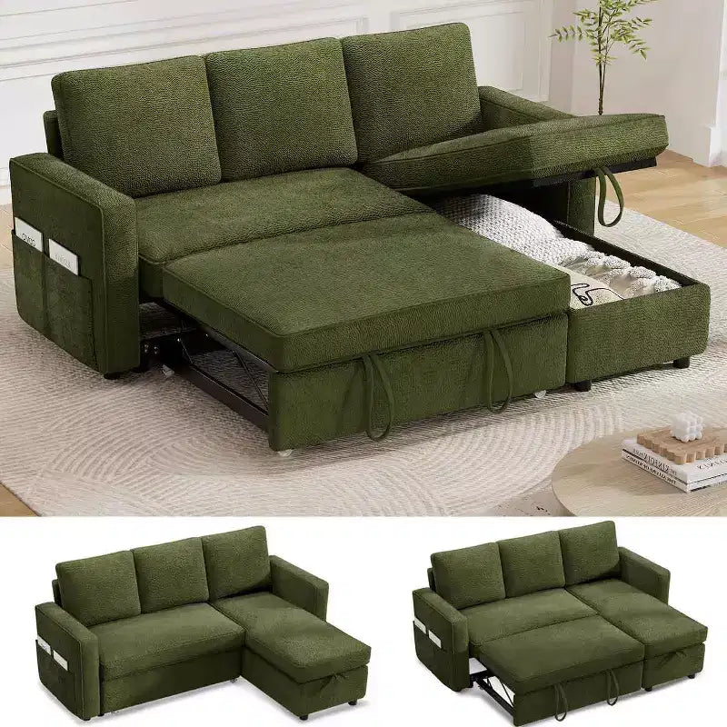 Divano Letto Trasformabile Dyonery 81, Divano Estraibile 2 in 1 con Chaise Longue Reversibile con Contenitore