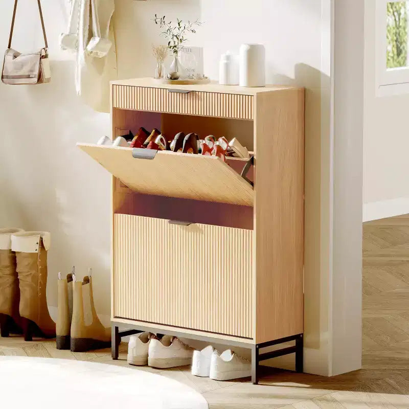 Moderno mobile portascarpe scanalato 2 cassetti a ribalta + cassetto scorrevole con gancio, organizzatore sottile in legno per appartamento/ingresso (1 pezzo)