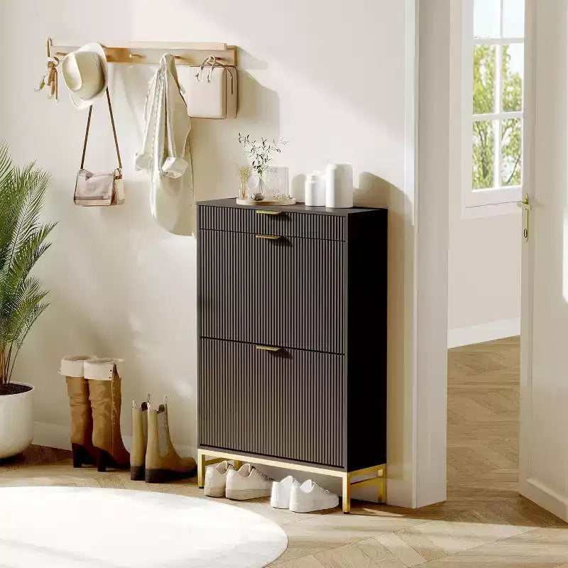 Modern Fluted Shoe Storage Cabinet  2 Flip Drawers + Sliding Drawer with Hook, Slim Wooden Organizer for Apartment/Entryway (1-Piece)