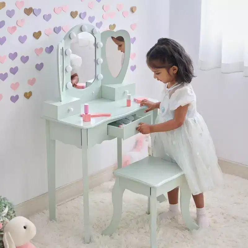 Teamson Kids Set toeletta in legno Heart Glow con specchio e sgabello con luci a LED