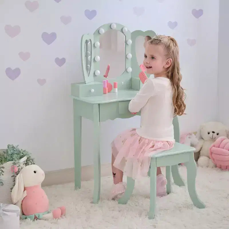 Teamson Kids Set toeletta in legno Heart Glow con specchio e sgabello con luci a LED