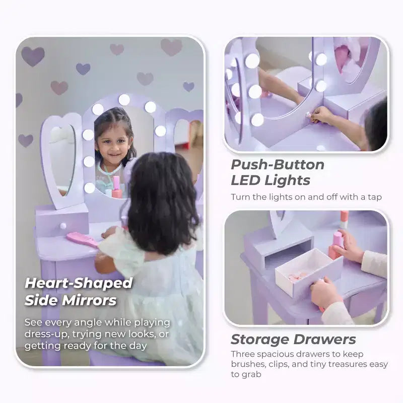 Teamson Kids Set toeletta in legno Heart Glow con specchio e sgabello con luci a LED