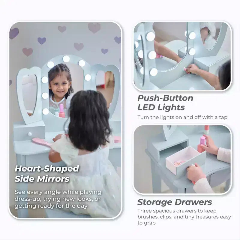 Teamson Kids Set toeletta in legno Heart Glow con specchio e sgabello con luci a LED