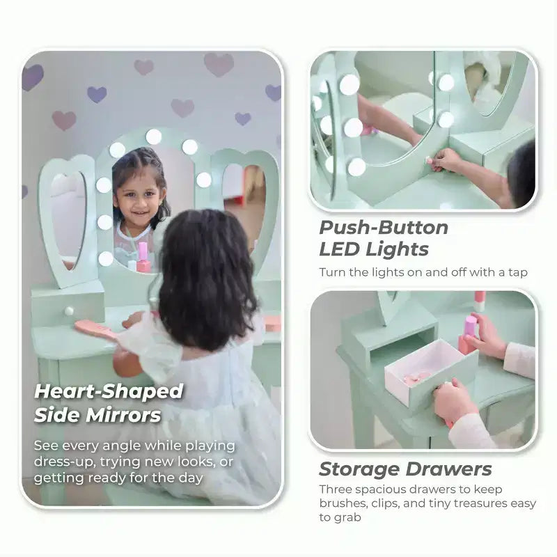 Teamson Kids Set toeletta in legno Heart Glow con specchio e sgabello con luci a LED
