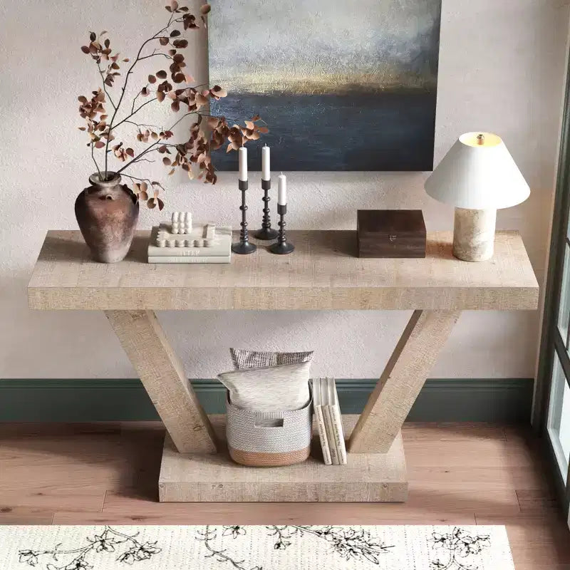 Okak 60IN Tavolo Consolle Vintage a 2 Livelli in Impiallacciatura di Legno Massello, Tavolo d'Ingresso con Gambe Robuste e Base Spessa, Tavolo da Corridoio per Soggiorno