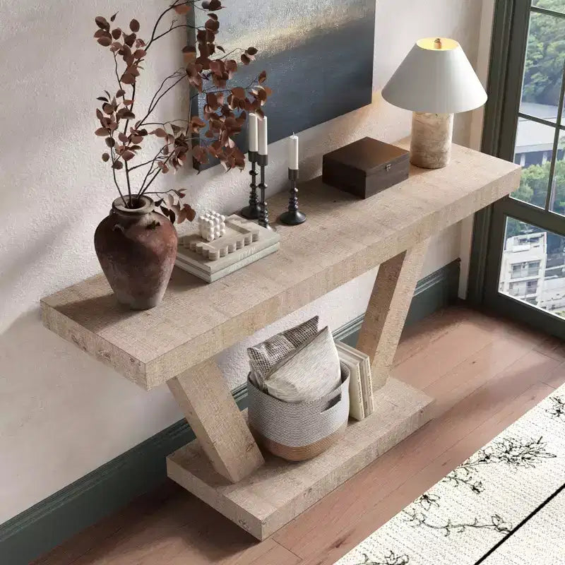 Okak 60IN Tavolo Consolle Vintage a 2 Livelli in Impiallacciatura di Legno Massello, Tavolo d'Ingresso con Gambe Robuste e Base Spessa, Tavolo da Corridoio per Soggiorno