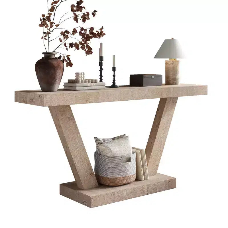 Okak 60IN Tavolo Consolle Vintage a 2 Livelli in Impiallacciatura di Legno Massello, Tavolo d'Ingresso con Gambe Robuste e Base Spessa, Tavolo da Corridoio per Soggiorno