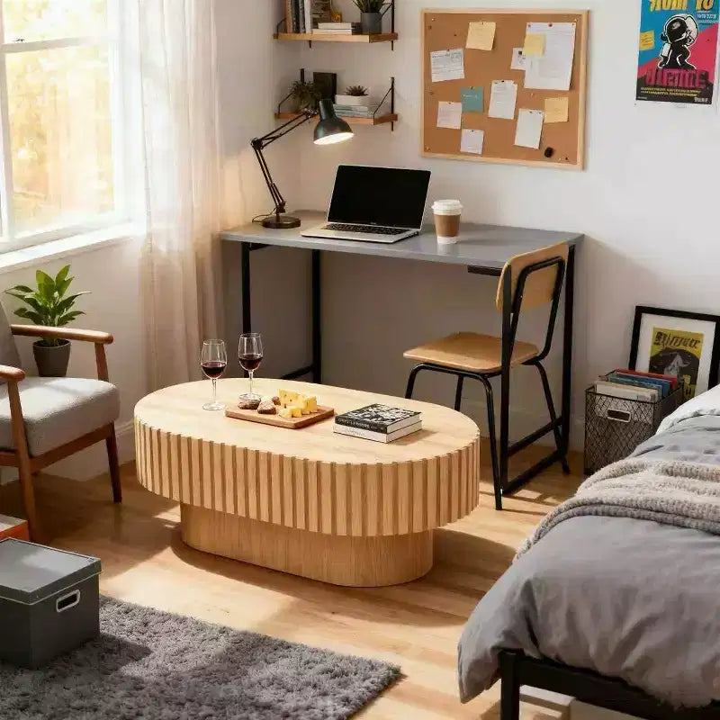 Homy Casa Tavolino da caffè moderno ovale in legno con design scanalato testurizzato per soggiorno e piccoli spazi, riunioni festive, Rovere naturale