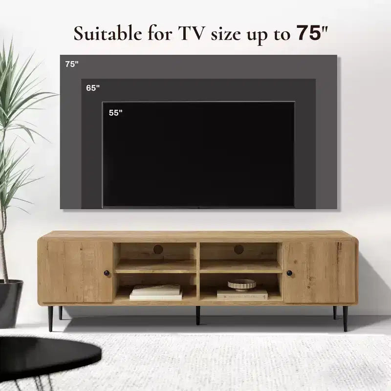 LuxenHome Mobile TV in rovere da 71 pollici per TV fino a 75 pollici, Centro d'intrattenimento con contenitore marrone