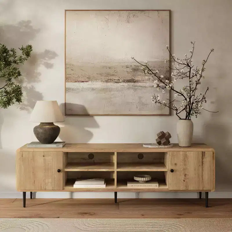 LuxenHome Mobile TV in rovere da 71 pollici per TV fino a 75 pollici, Centro d'intrattenimento con contenitore marrone