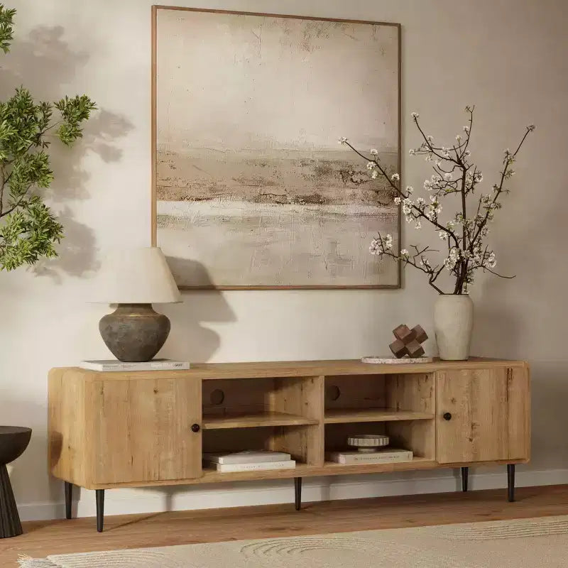 LuxenHome Mobile TV in rovere da 71 pollici per TV fino a 75 pollici, Centro d'intrattenimento con contenitore marrone
