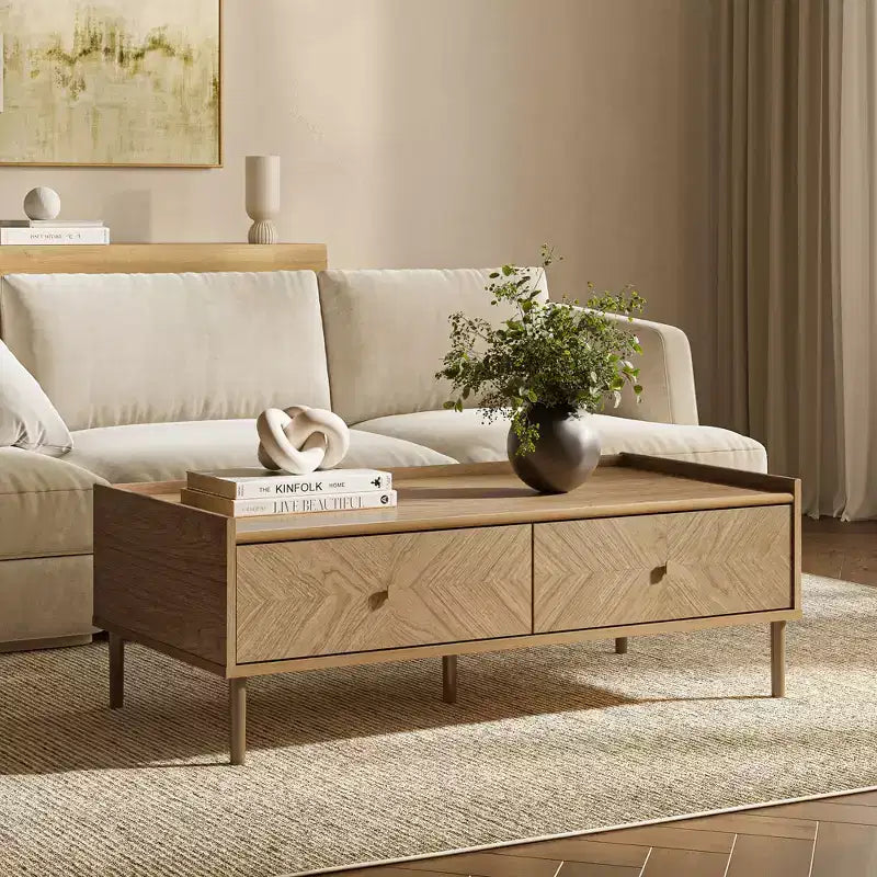 LuxenHome Tavolino da caffè marrone in legno multistrato Summer Oak con 2 cassetti, 47 L x 23,4 P