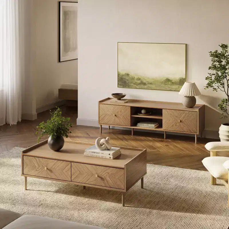 LuxenHome Tavolino da caffè marrone in legno multistrato Summer Oak con 2 cassetti, 47 L x 23,4 P